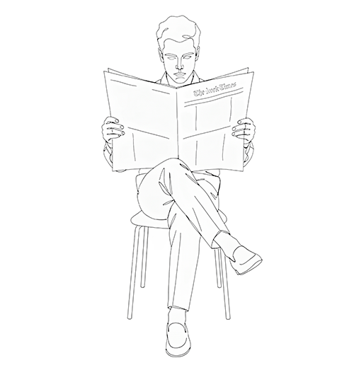 A man in a chair, reading a newspaper