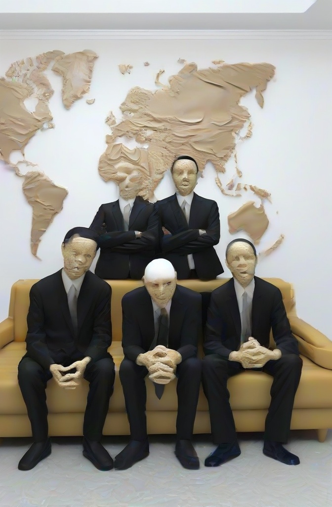 Five figures in suits with mesh faces, posed as a company portrait