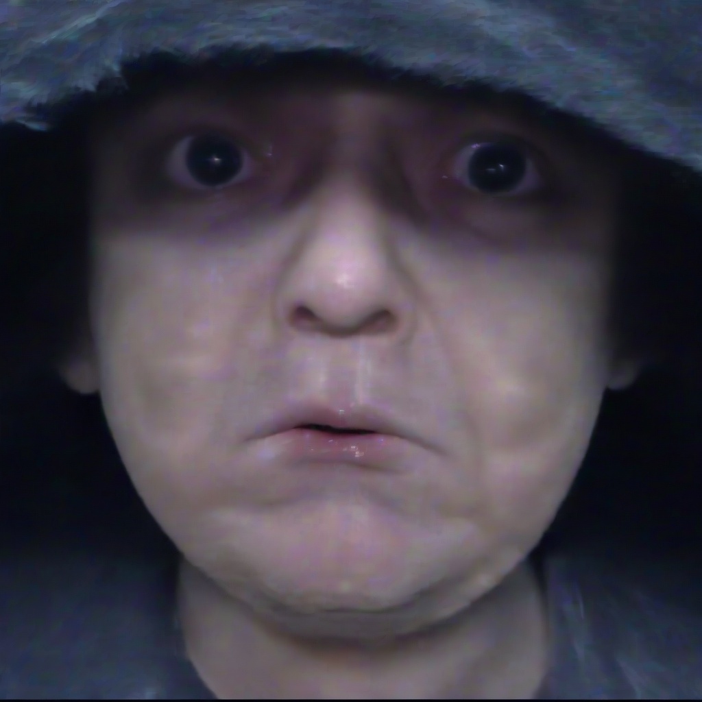 A vacant, exhausted face staring past the camera