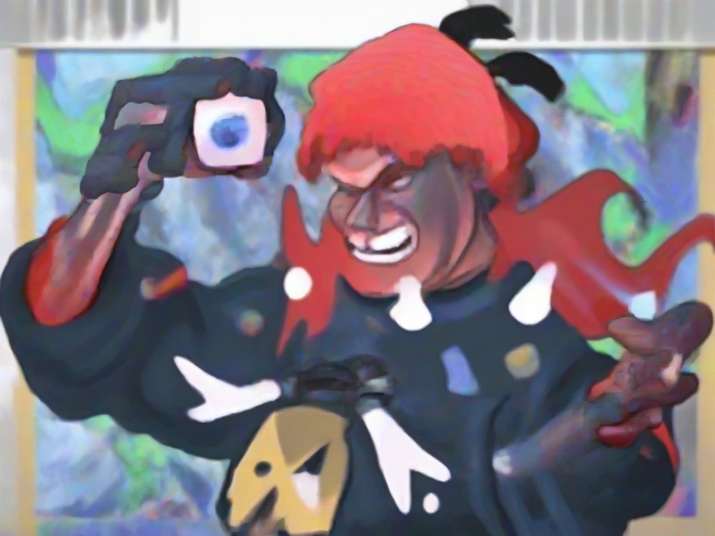 A red-haired figure holding a small cube camera up to the viewer