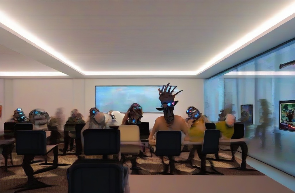 A crowded open-plan office before the pandemic, desks packed with distorted figures