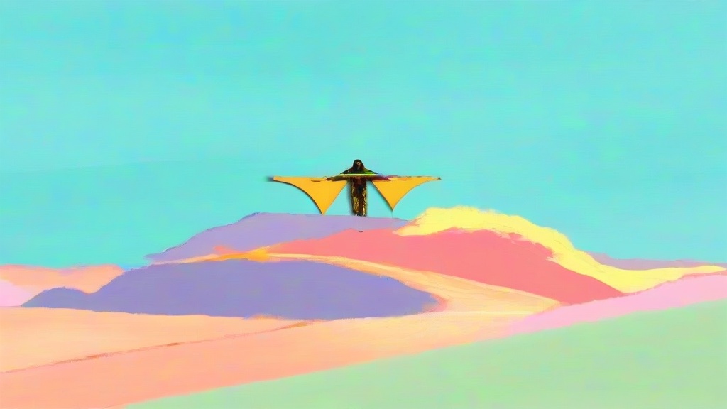 A small figure on a pastel hill, arms out, yellow triangular wings at each side