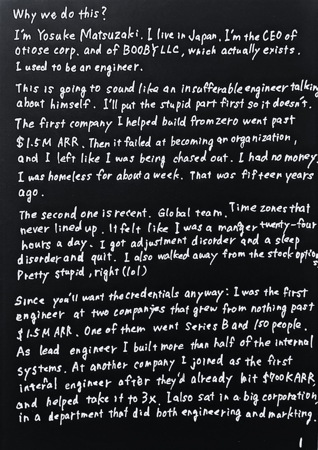 Why we do this — handwritten page 1